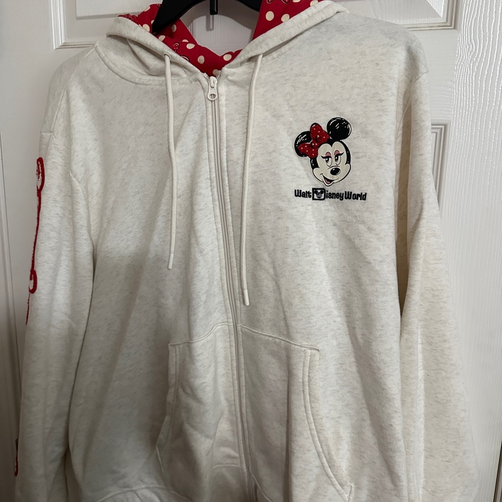 Disney Minnie Mouse Cream Zip-Up Hoodie with Polka Dot Lining - Picture 1 of 4